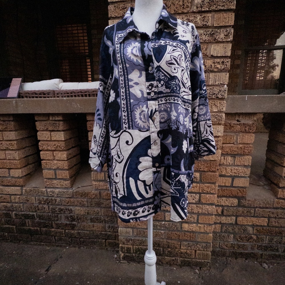 Christian Siriano New York Linen Blend Paisley Floral Tunic Shirt Blue 1X